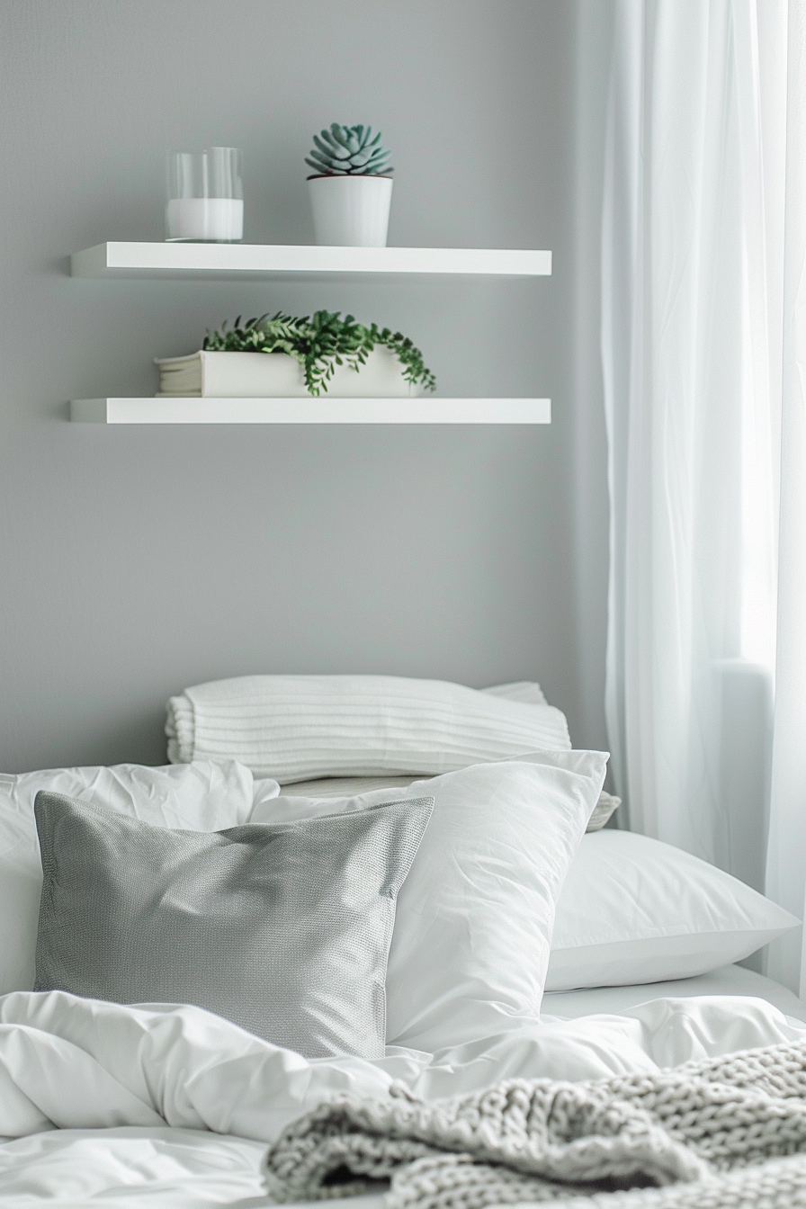 Minimalist dorm room. Pale gray walls with white open shelving and a singular succulent.