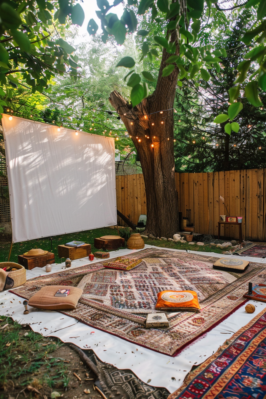 Backyard movie night. Boho Picnic, Persian Rugs, Projector on white twill corrosion screen.