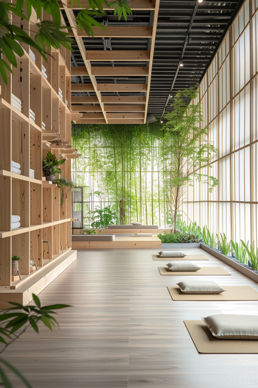 Japandi yoga studio. Wide view with green bamboo and minimalistic shelving units.