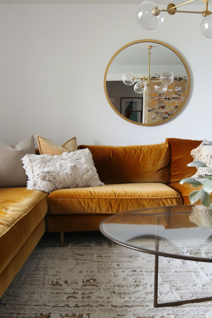 Mid-century modern living room. Ochre velvet sofa with frameless elliptical coffee table.