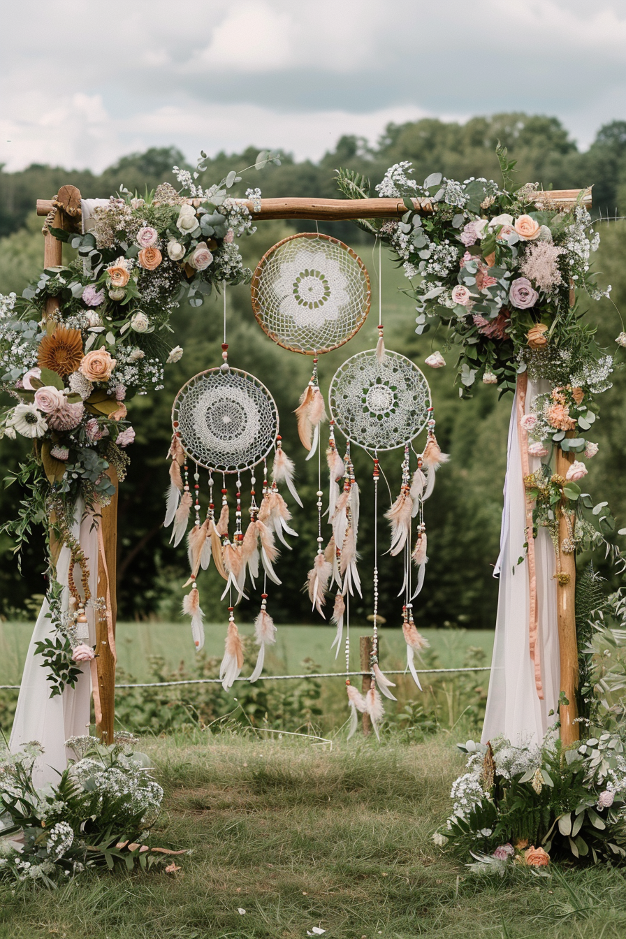 Boho wedding design. Large dreamcatchers adorning the wooden arch, surrounded by pastel floral arrangements.