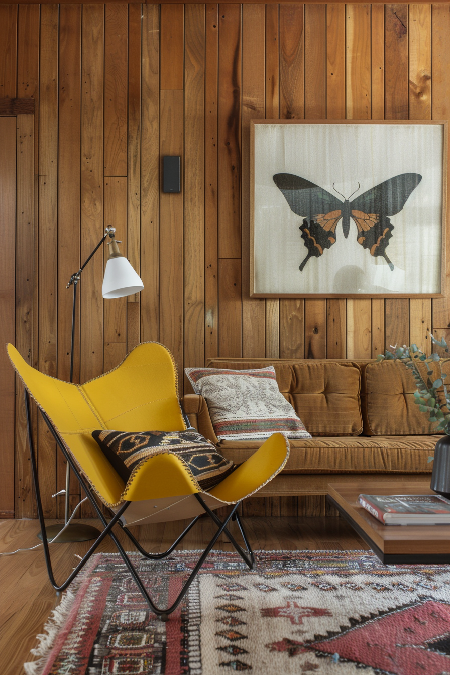 Mid-century modern living room. Wood panelled walls with mustard yellow butterfly chair.