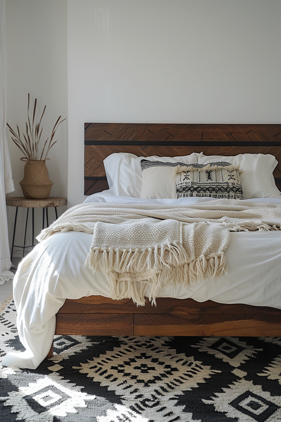 Japandi x Aztek bedroom design. Minimalistic headboard, black-and-white Aztek rug.