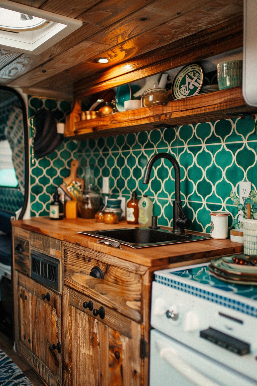 Converted Sprinter van camper. Boho design with teal Moroccan tile backsplash.