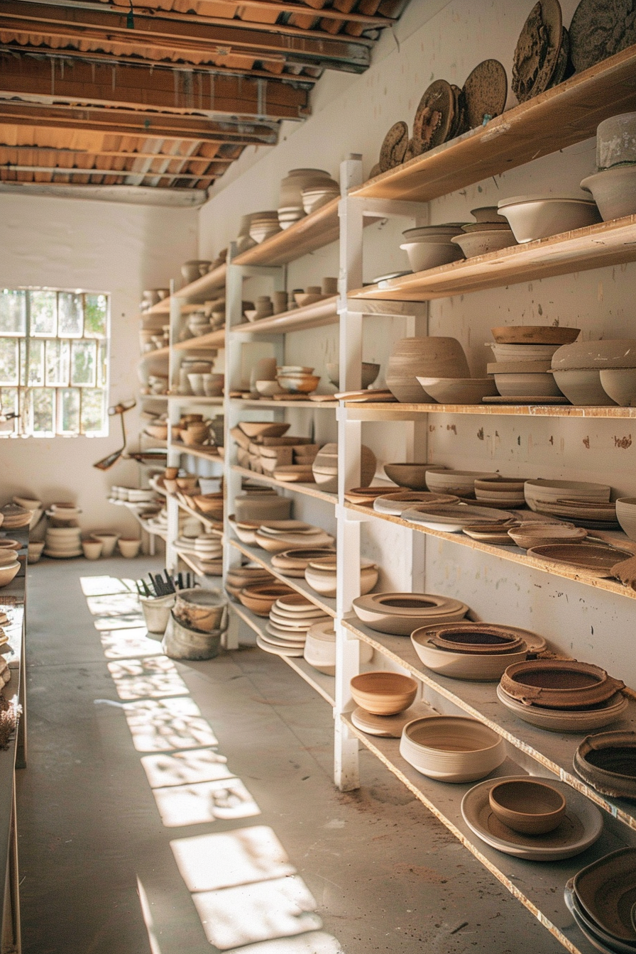 Clay workshop. Bamboo shelves, sunlit pottery wheels, soothing white walls, and lively, vivid artwork displays.