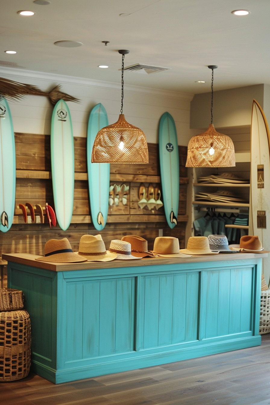 Surf shop design. Turquoise counter with mounted surfboards and woven straw hats.