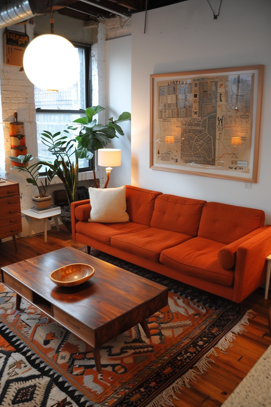 Mid-century modern living room. Burnt orange sofa with teak coffee table.