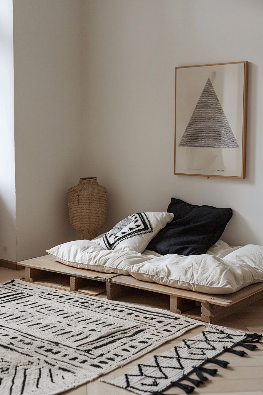 Japandi x Aztek Bedroom Design. Minimalistic futon bed with geometric Aztek rug.