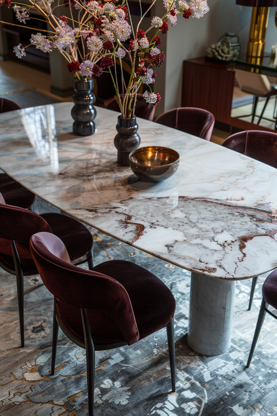 Dining room. Marble-top table with velvet-upholstered mahogany chairs.