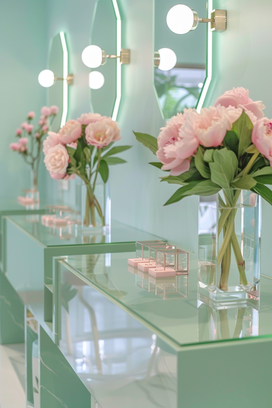 Nail salon design. Green manicure tables, clear mirrors, pink peonies, geometric accessory holders.