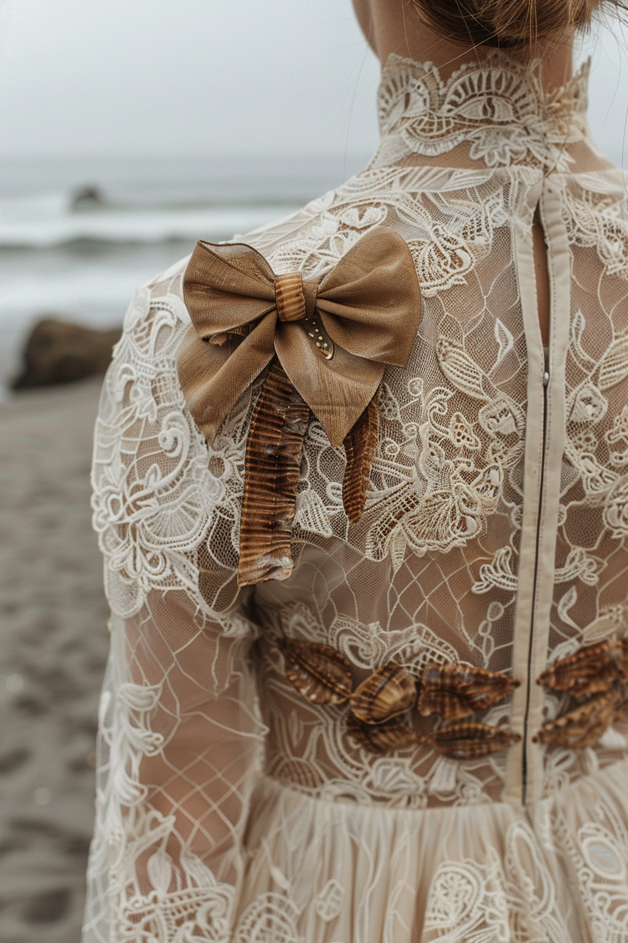 Beach wedding attire. Antique lace gown with crown of shell edge bow-ties.