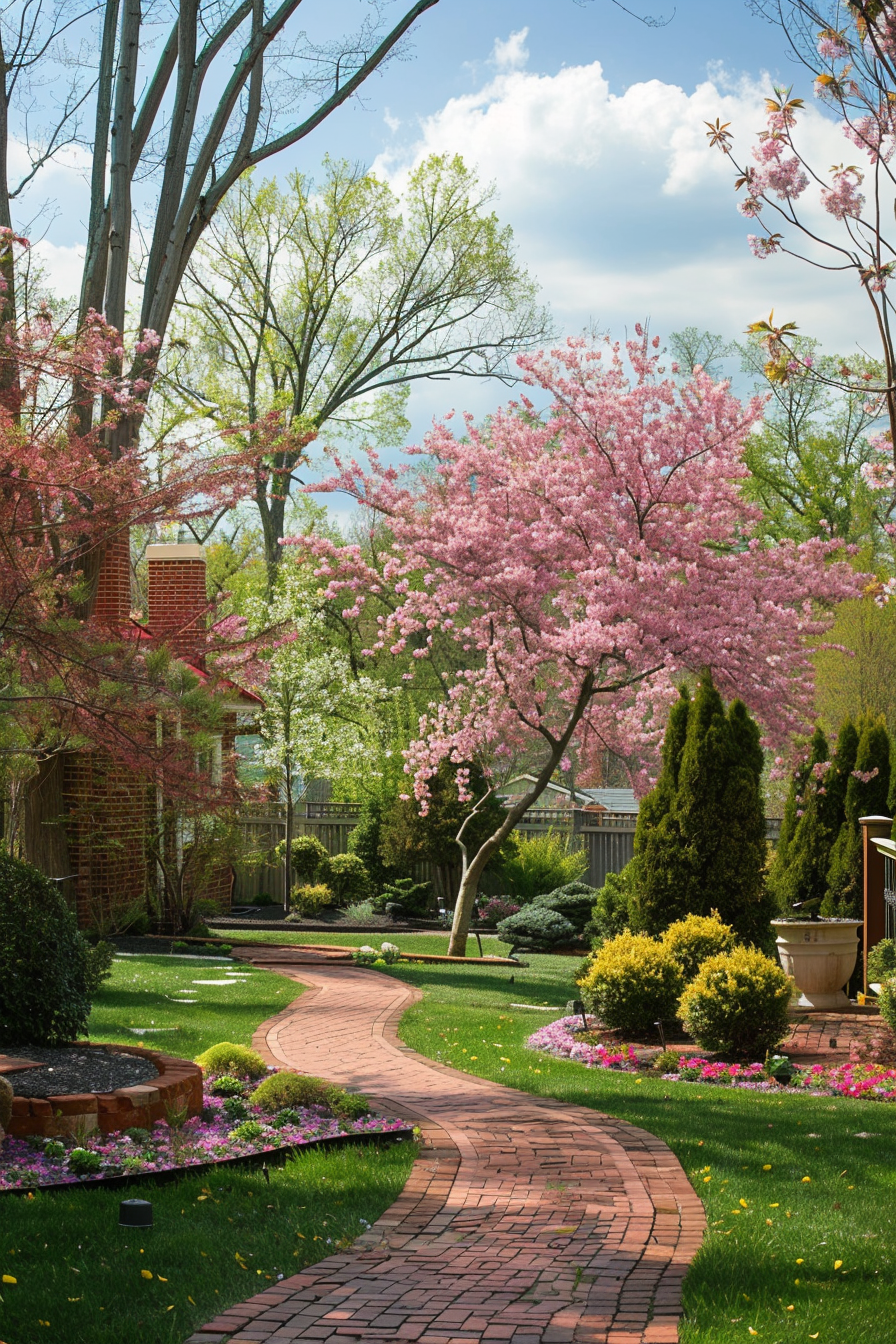 Beautiful backyard view. Brick path leading to a cherry blossom tree amidst manicured greenery.