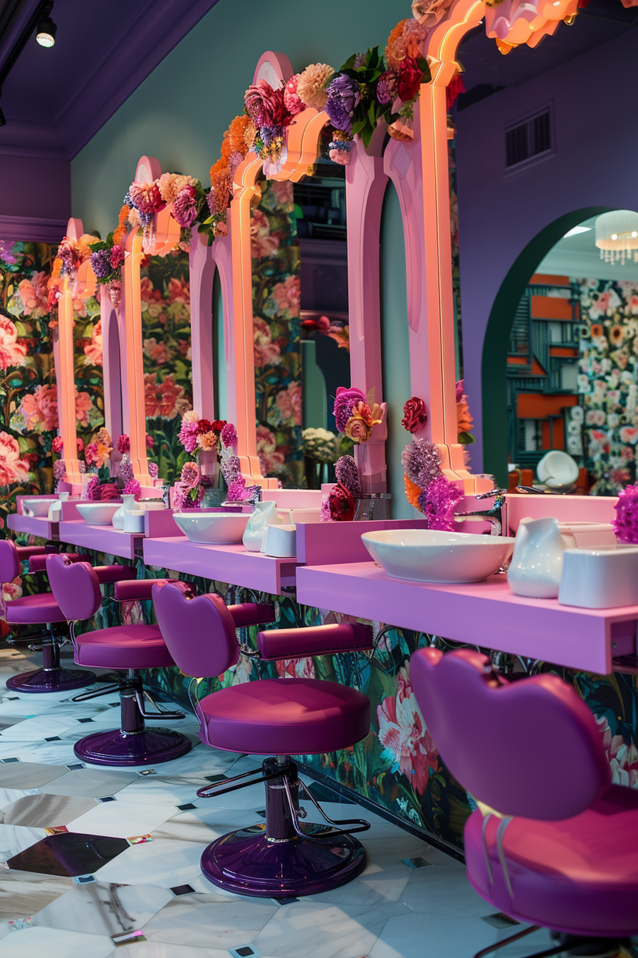 Nail salon design. Mirrors with floral frame, the vibrant hot pink and purple manicure tables.