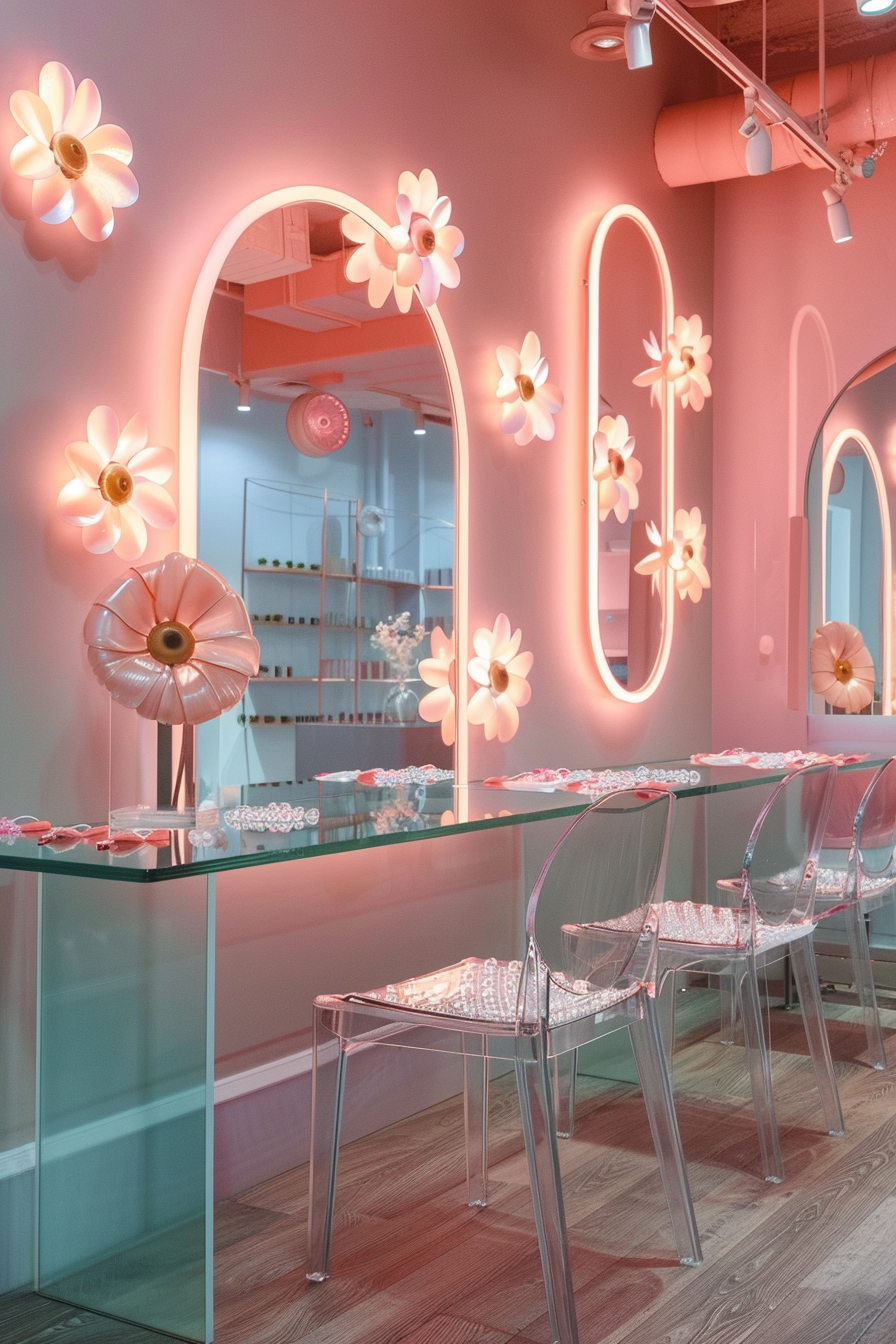 Nail salon design. Glass manicure tables with embedded daisies, geometric mirrors, neon lights.