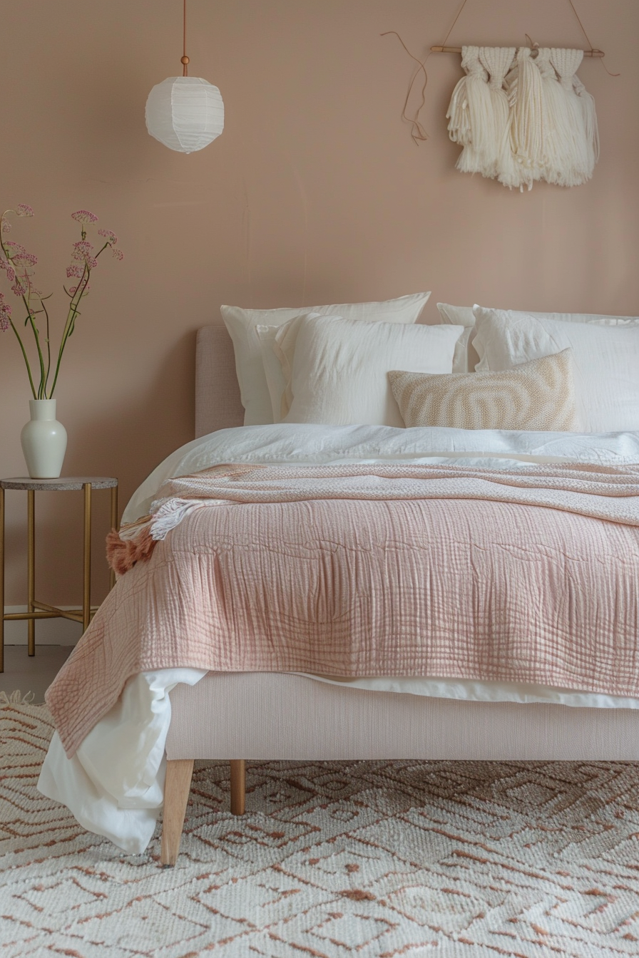 Aztek Japandi pastel bedroom. Light blush rectangle tatami bed frame with cream zigzag rug.