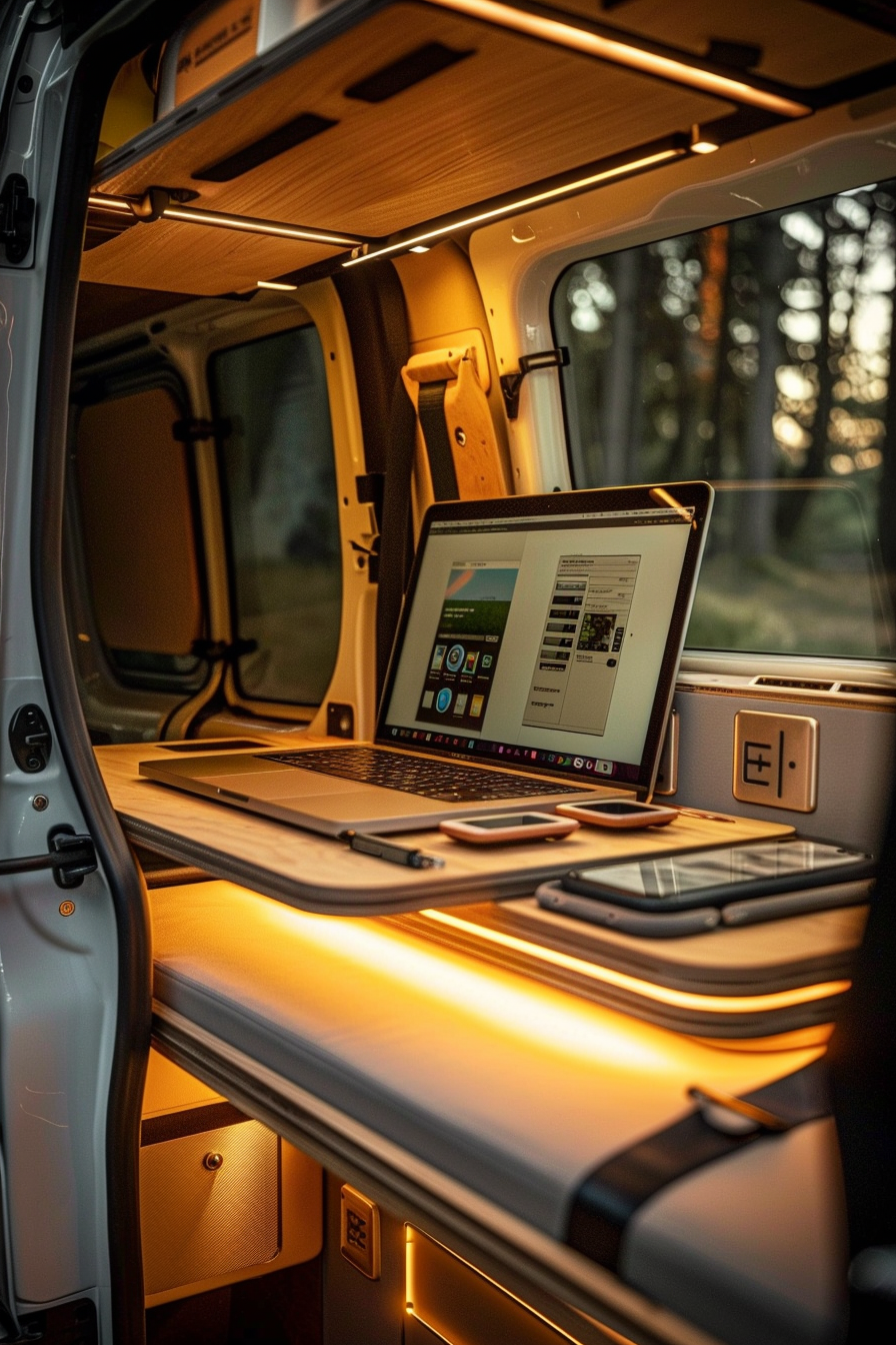 Camper van interior. Sliding ergonomic desk with integrated USB charging outlets.