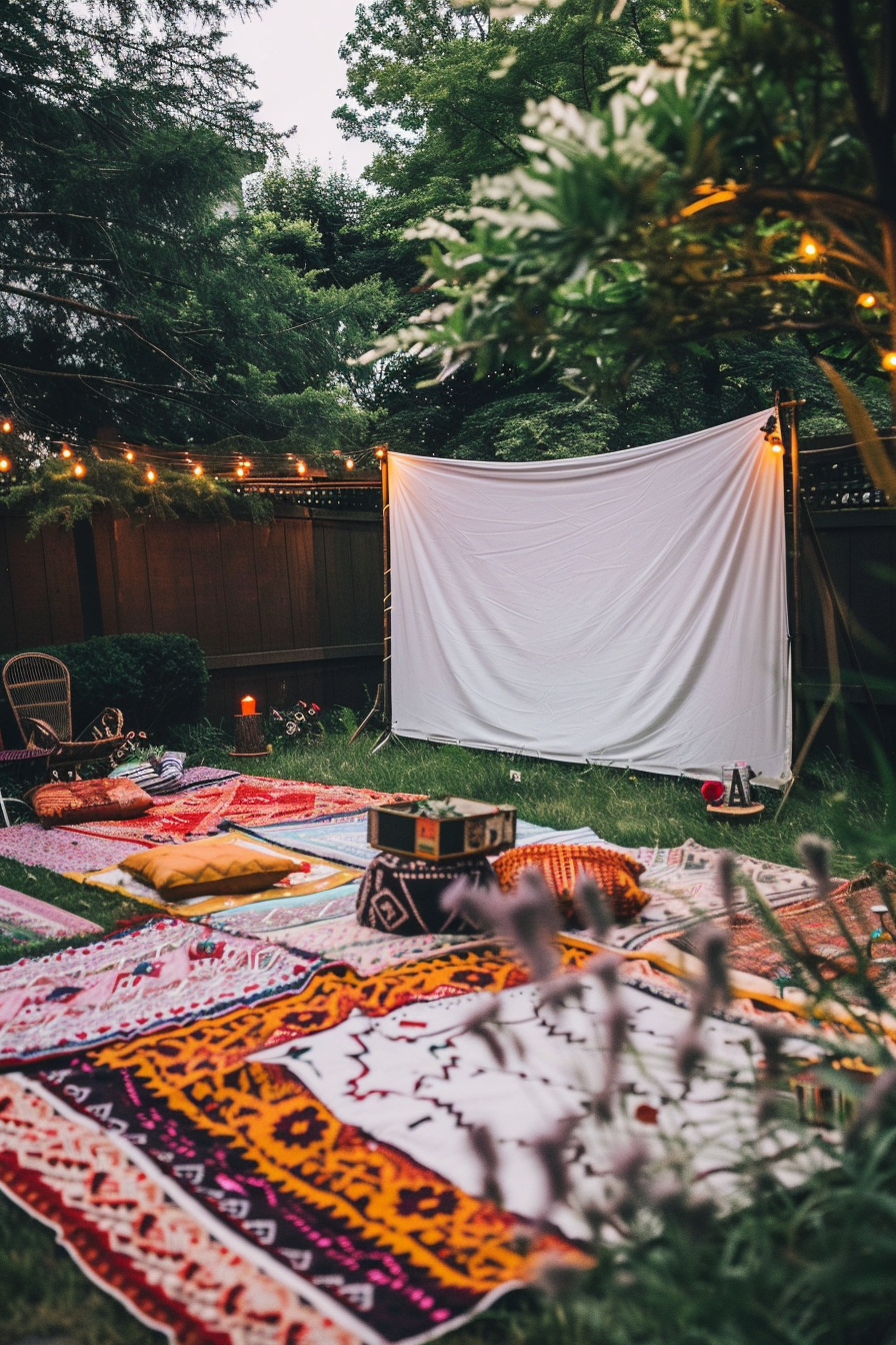 Backyard movie night. Projector on a white satin screen with printed bohemian picnic rugs.