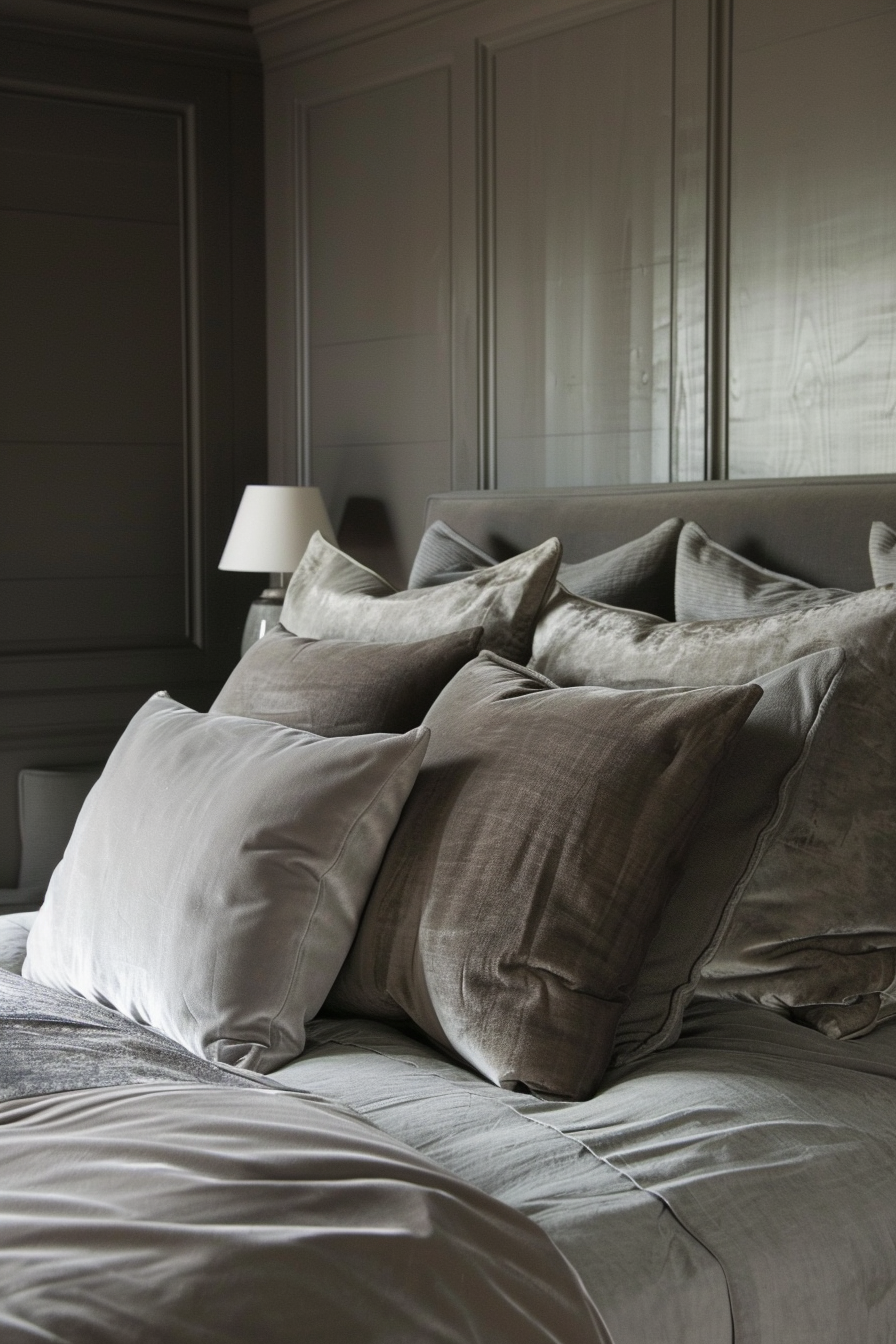 Neutral bedroom. Grey velvet bedspread with taupe throw pillows.