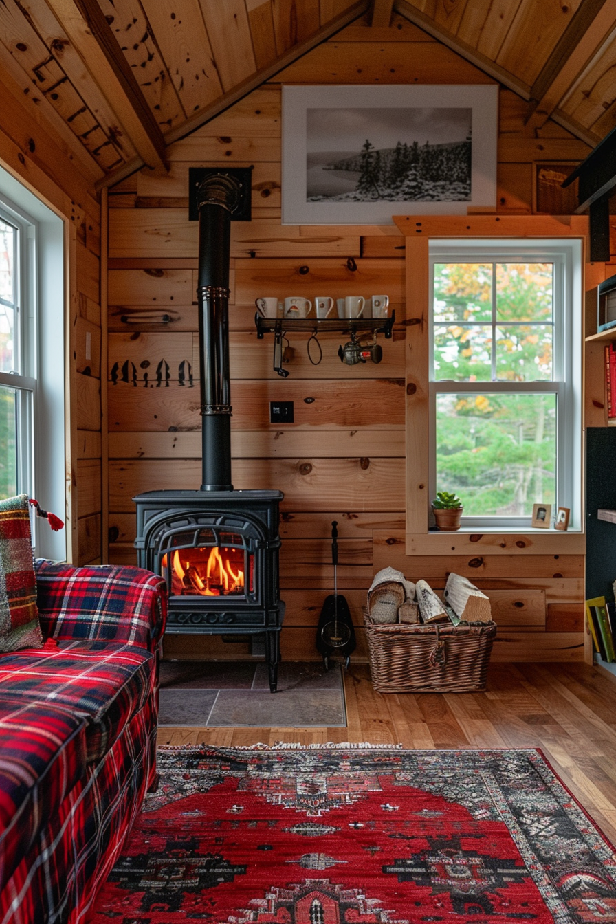 Tiny house living room. Red plaid couch beside an oak wood-burning stove.