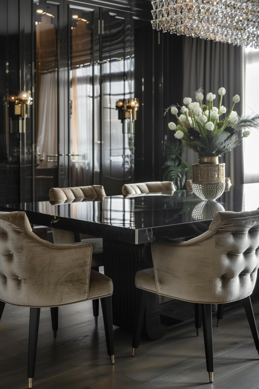 Elegant Modern Chic dining room. Sleek black table with plush velvet chairs.