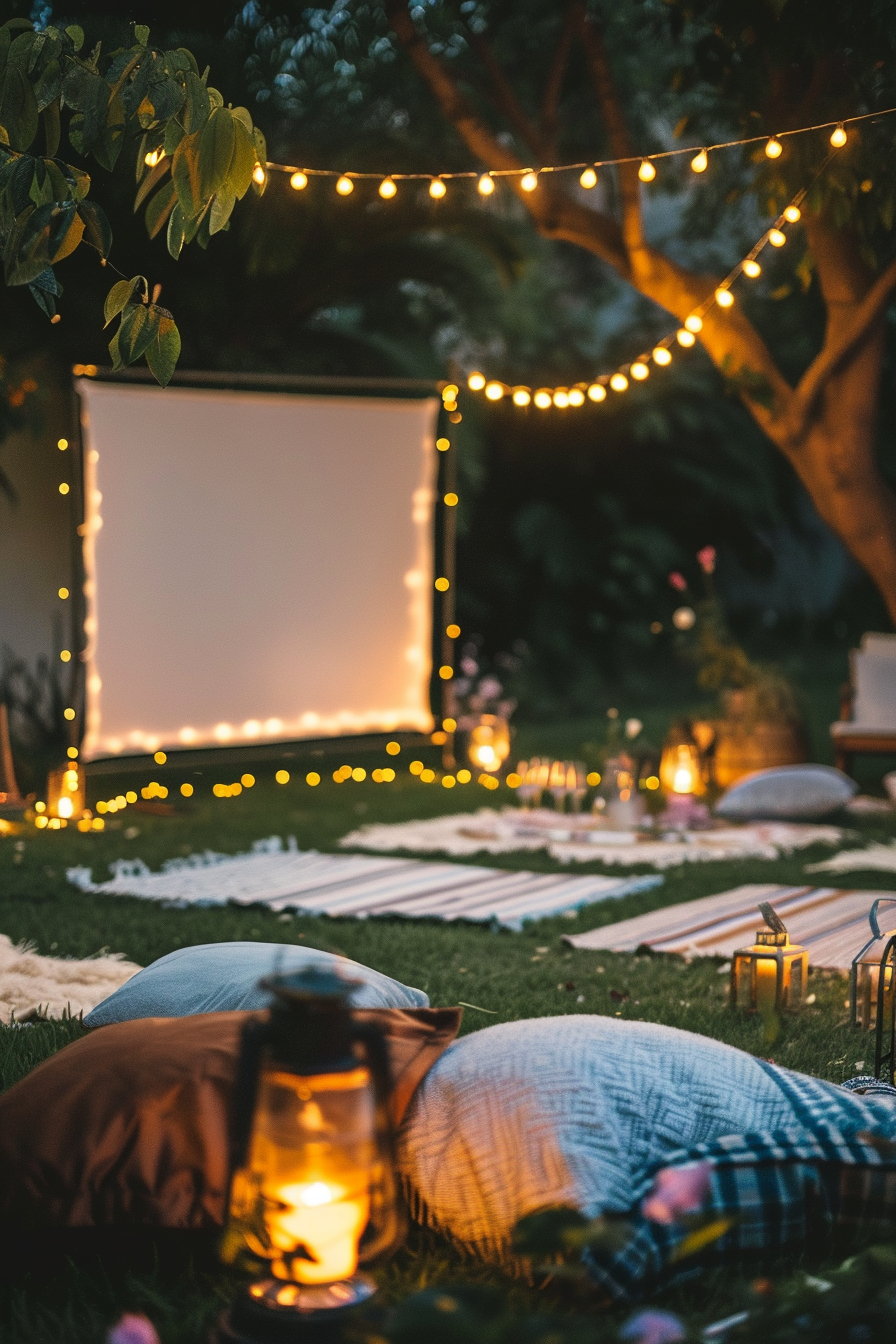 Backyard movie night. Boho picnic with velvet blankets on grass and fairy light projector screen.