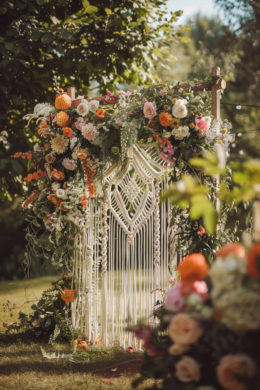 Boho wedding design. Full view of macrame backdrop with pastel flowers.