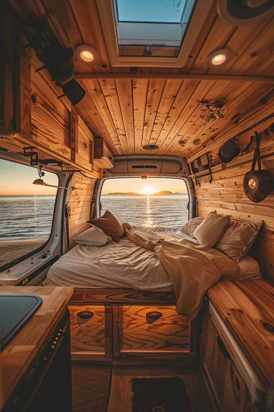 Coastal camper van interior. Wooden finish with ocean-reflecting sunlight streaming from windows.