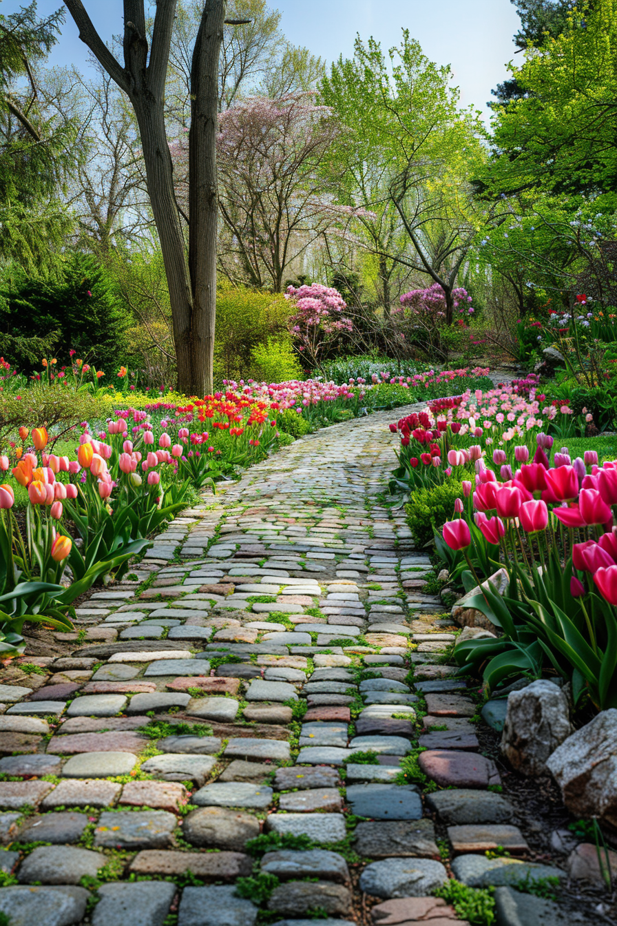 Beautiful backyard. An elaborate flowerbed Mid-spring of brilliant tulips bordering a cobblestone path.