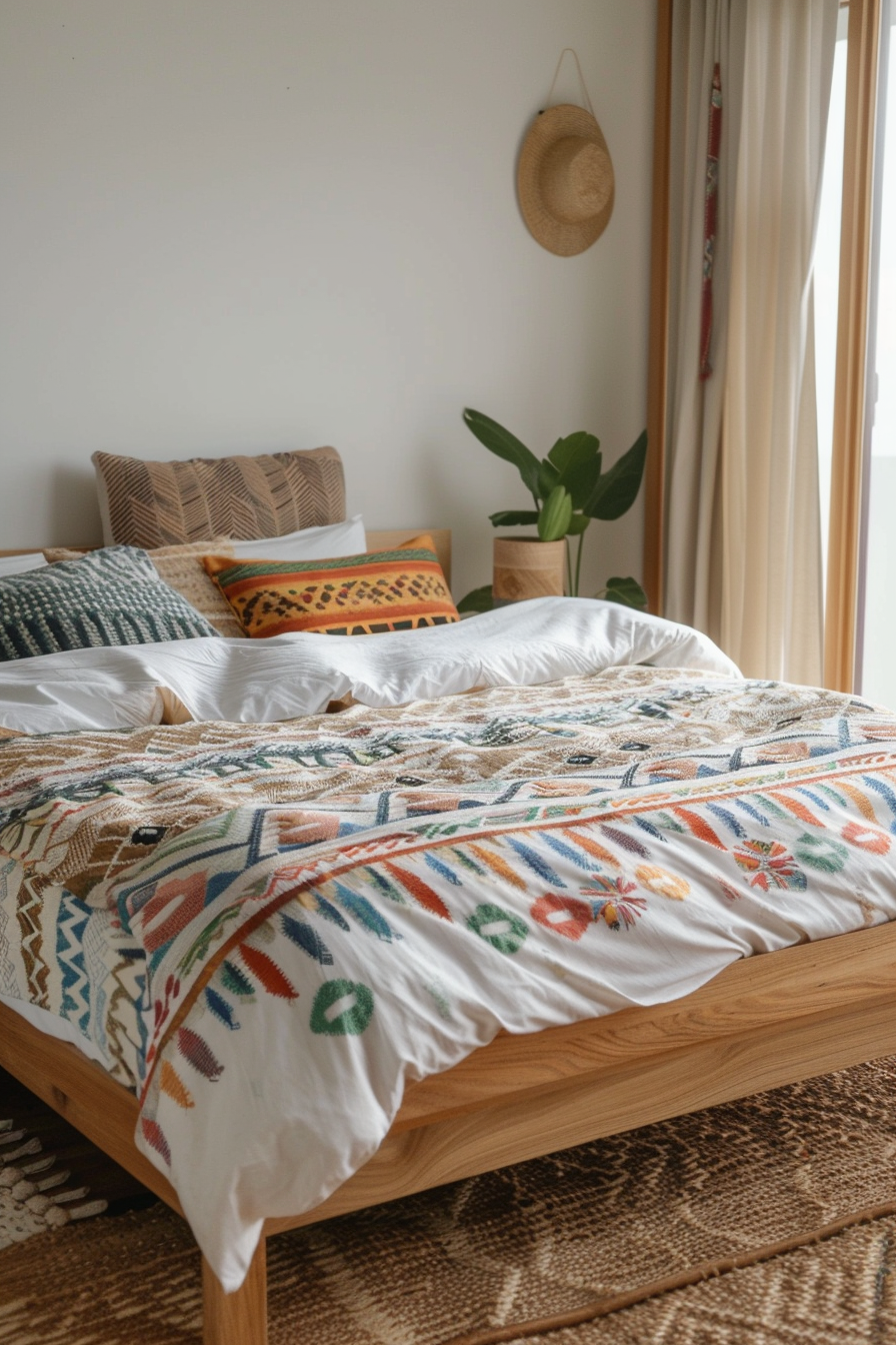 Aztek Japandi pastel bedroom. Wooden bed frame with cotton-pastel Aztec patterned bedding.