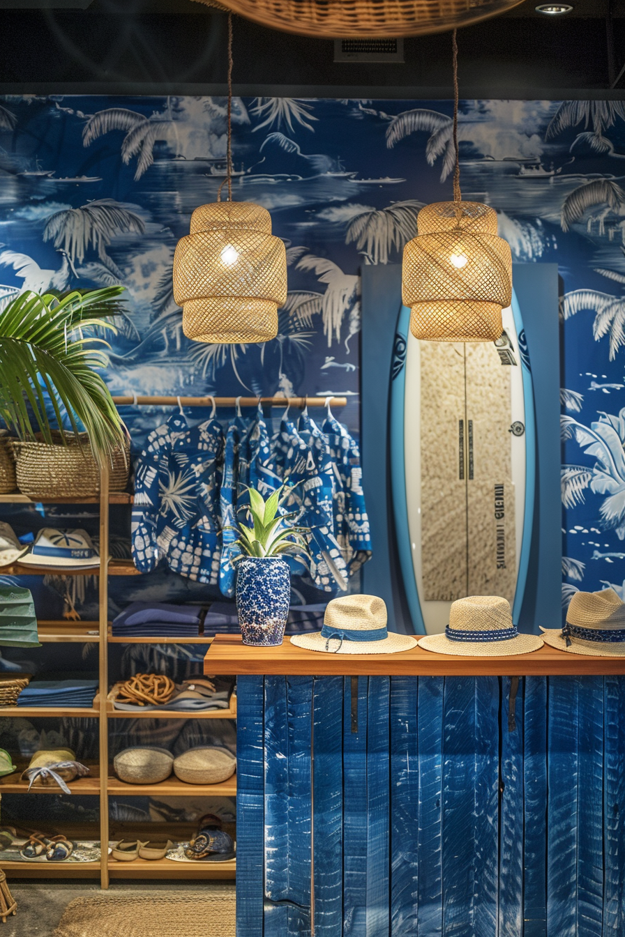 Surf shop design. Ultramarine counter with surfboard patterns and lemongrass hat stand.