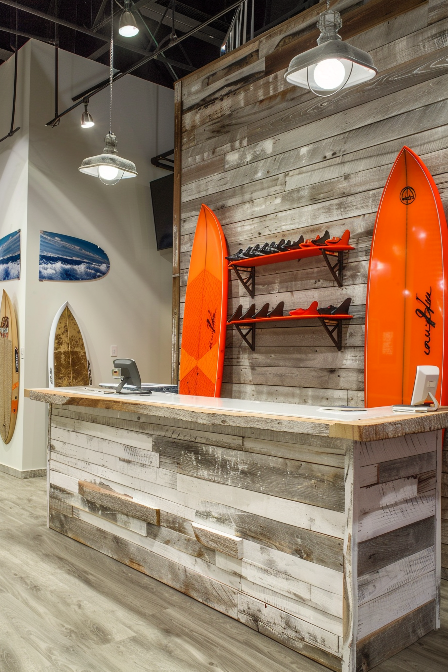 Surf shop design. Neon orange surfboards adorning a weathered white oak topside payment counter.