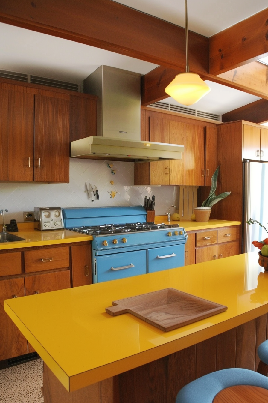 Mid-century modern kitchen. Canary yellow countertop with hydrangea blue drop-in stove.