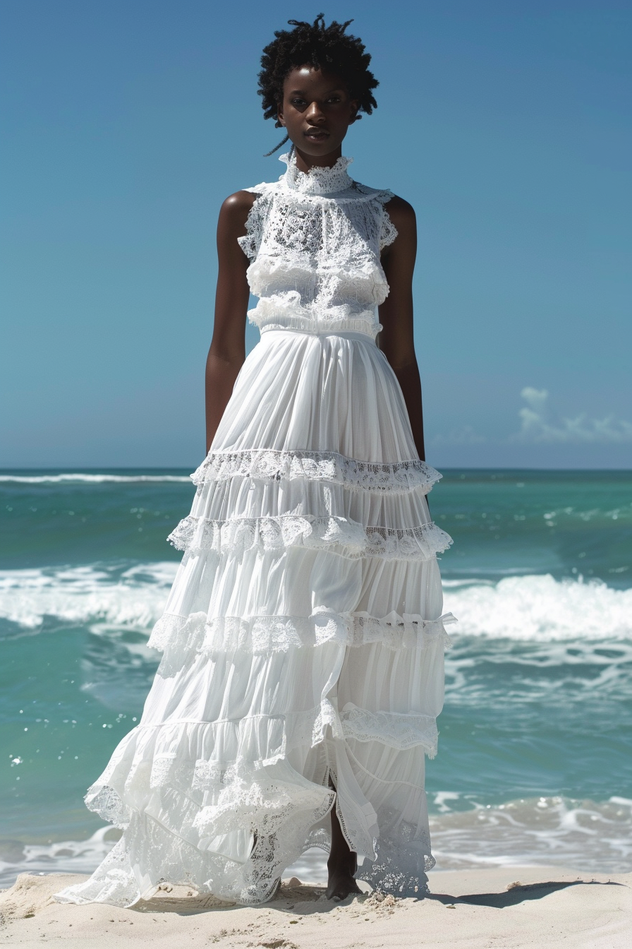 Beach wedding. White maxi dress with ruffled tiers and lace details.