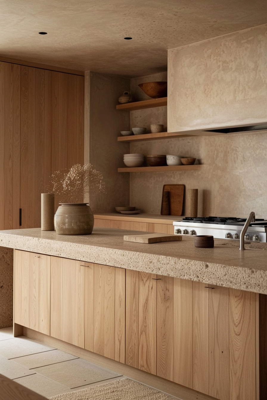 Japandi kitchen. Blend of minimalism and natural texture, featuring light wood cabinetry.