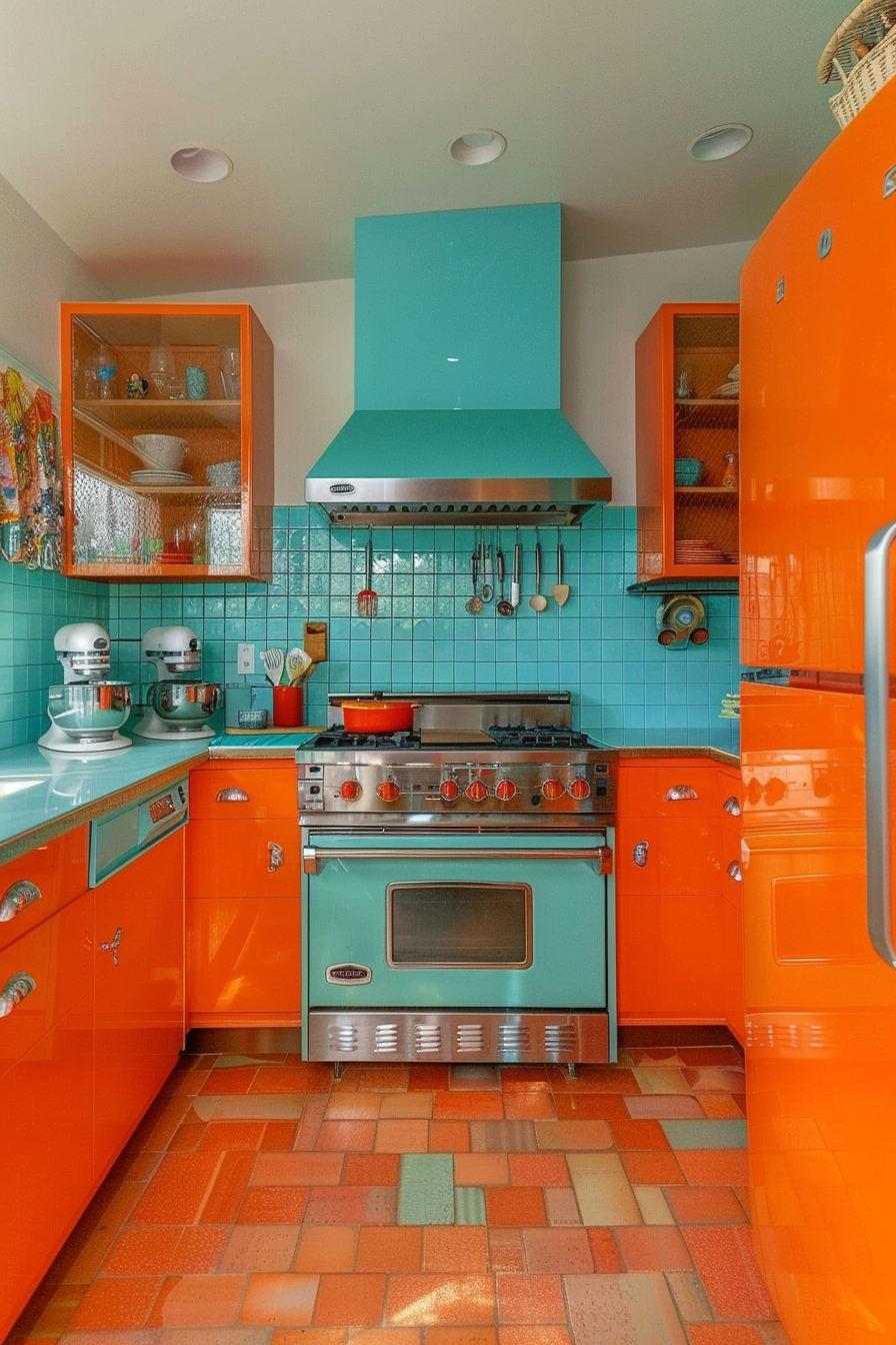 Mid Century Modern Kitchen. Bright orange tiles and aqua accented retro appliances.