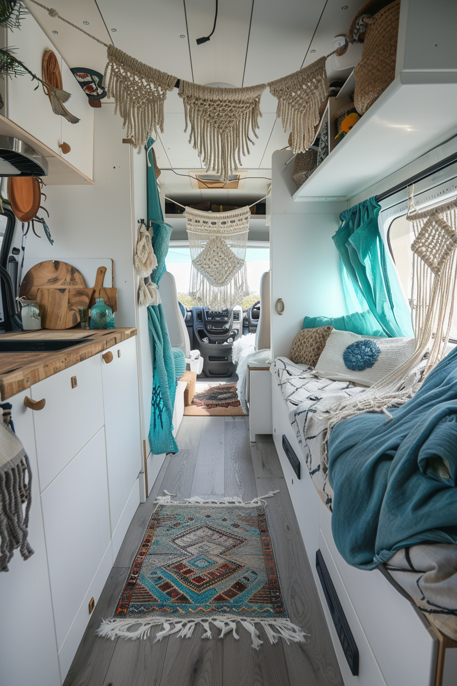 Converted Sprinter van camper. White walls, turquoise curtains and woven macramé decor overhead.