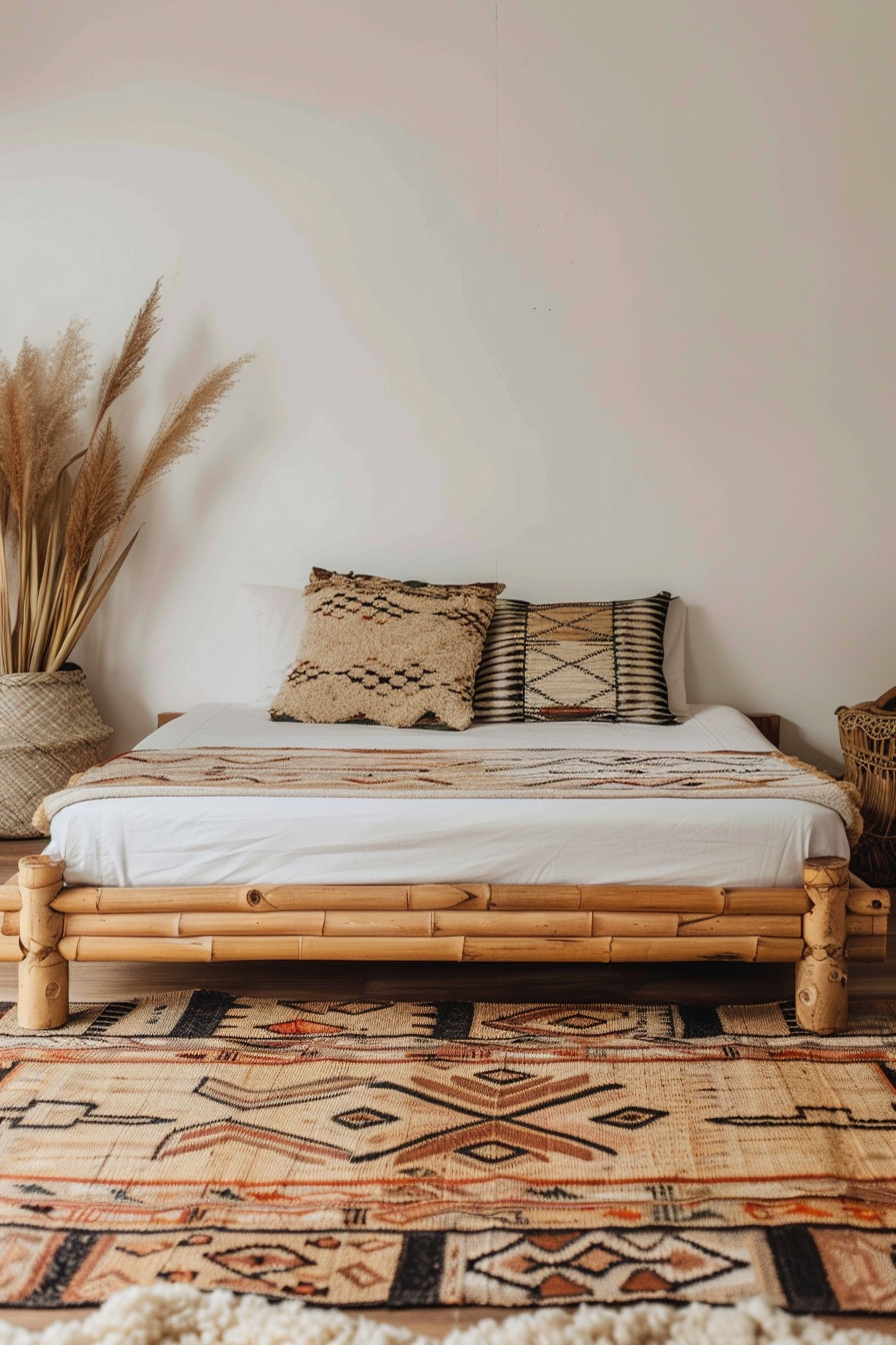 Japandi x Aztek Bedroom Design. Bamboo platform bed with geometric tribal rug.