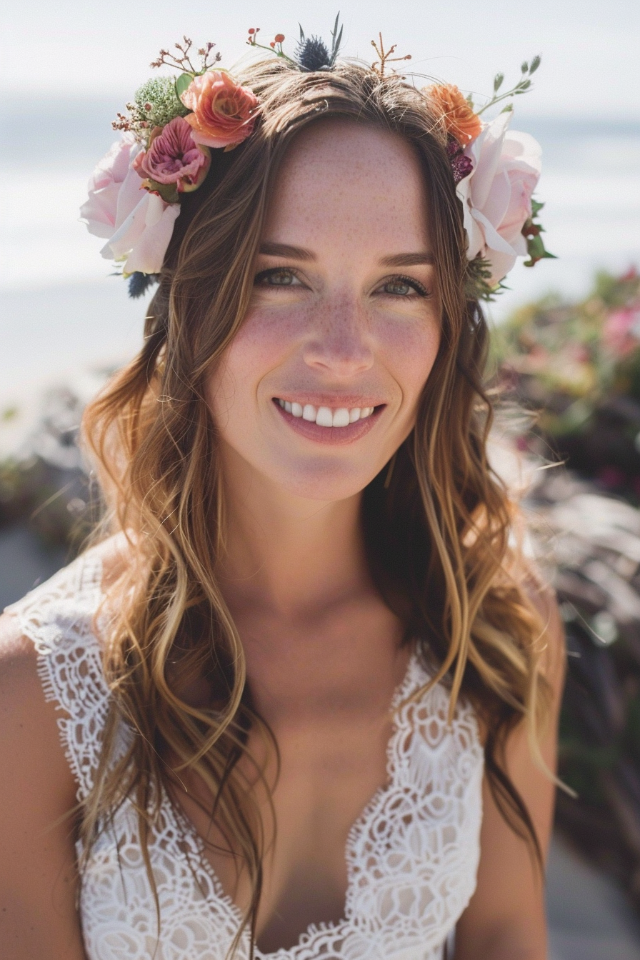 Boho beach wedding. White lace bridesmaid dress with rustic flower crown.