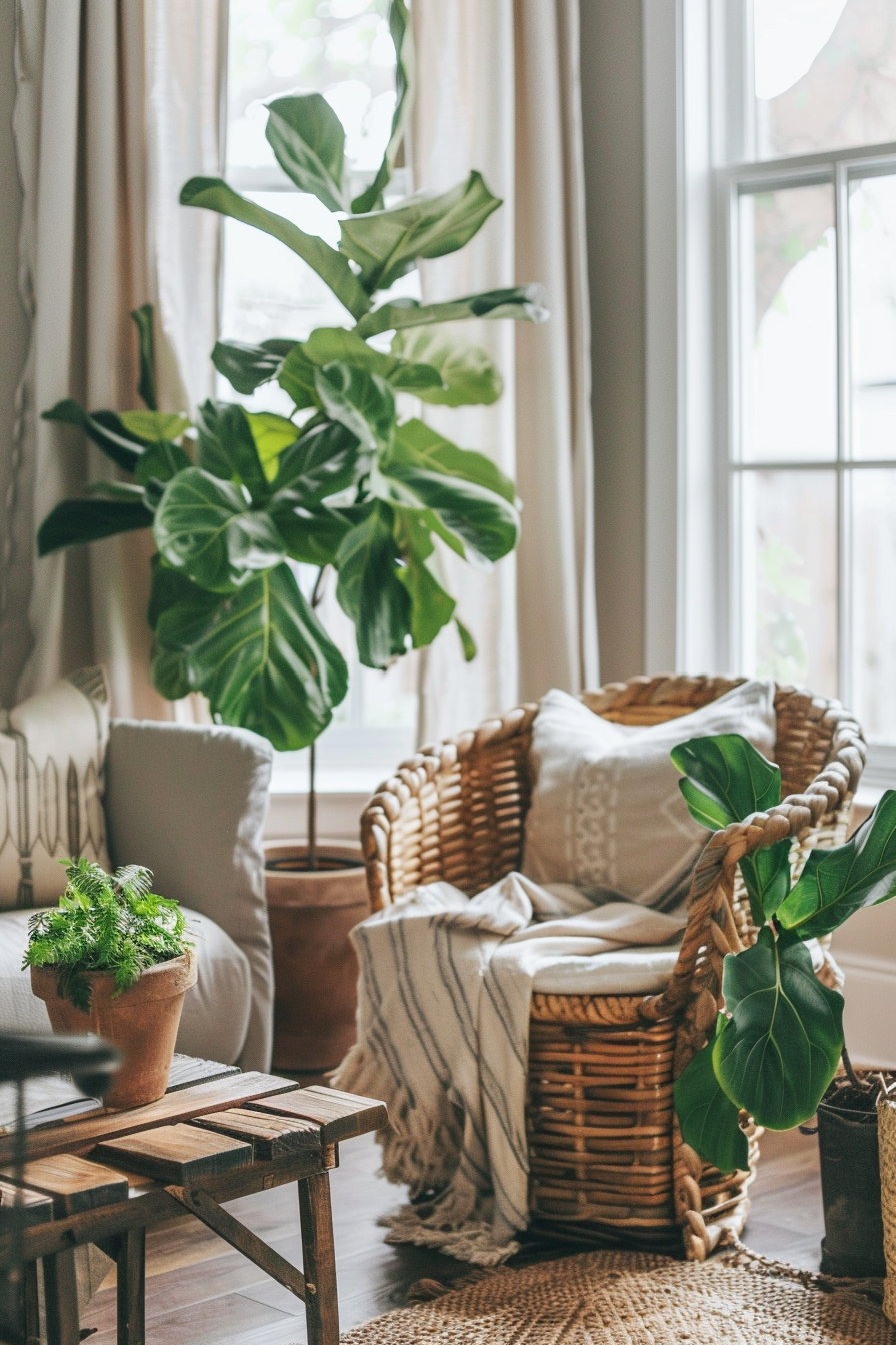 Earthy Boho-modern living room. Rattan furniture and large fiddle leaf fig plant.