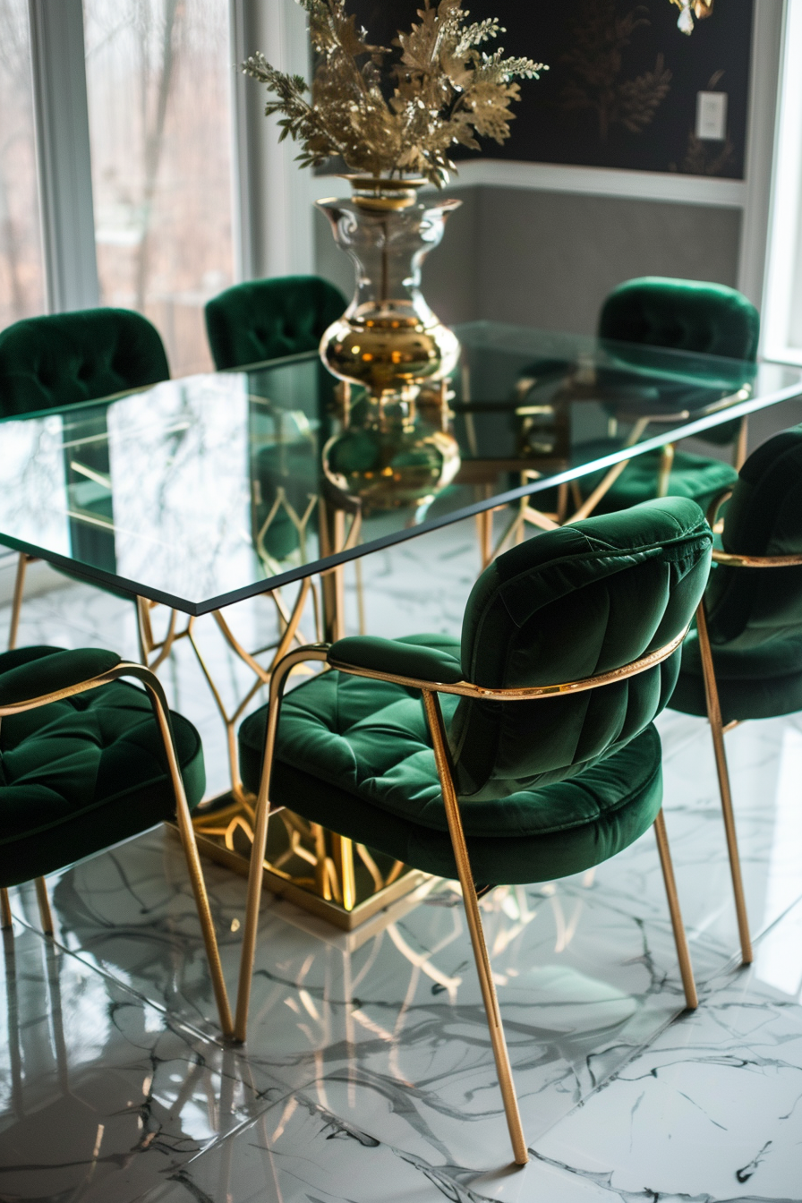 Dining room. Glass top table with gold accents, emerald upholstered chairs.