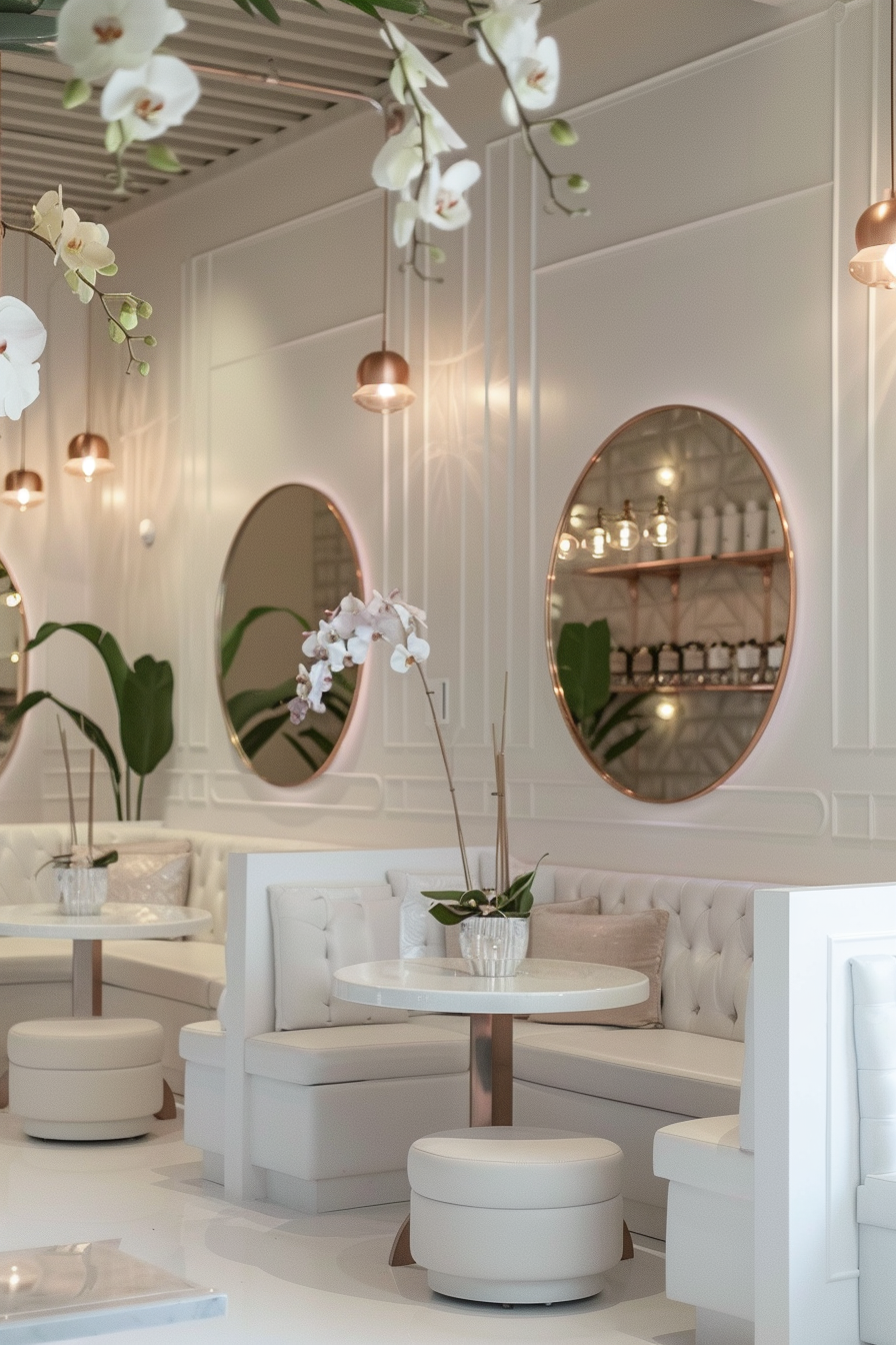 Nail salon design. White manicure tables, large circular mirrors, hanging orchids, copper accents.