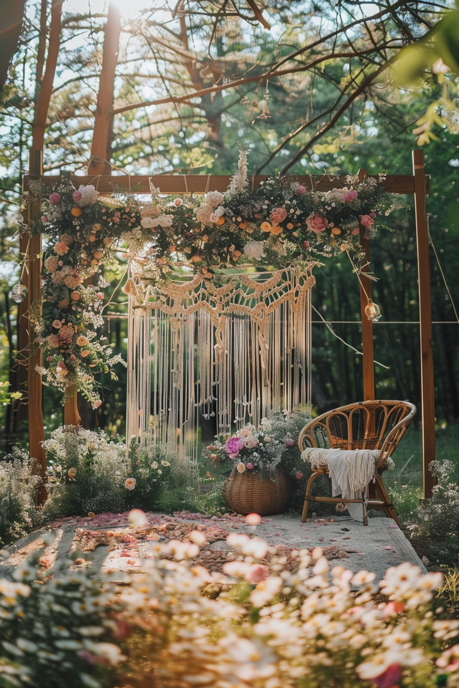 Boho wedding design. Pastel macramé backdrop, wooden furniture and wildflower decorations.