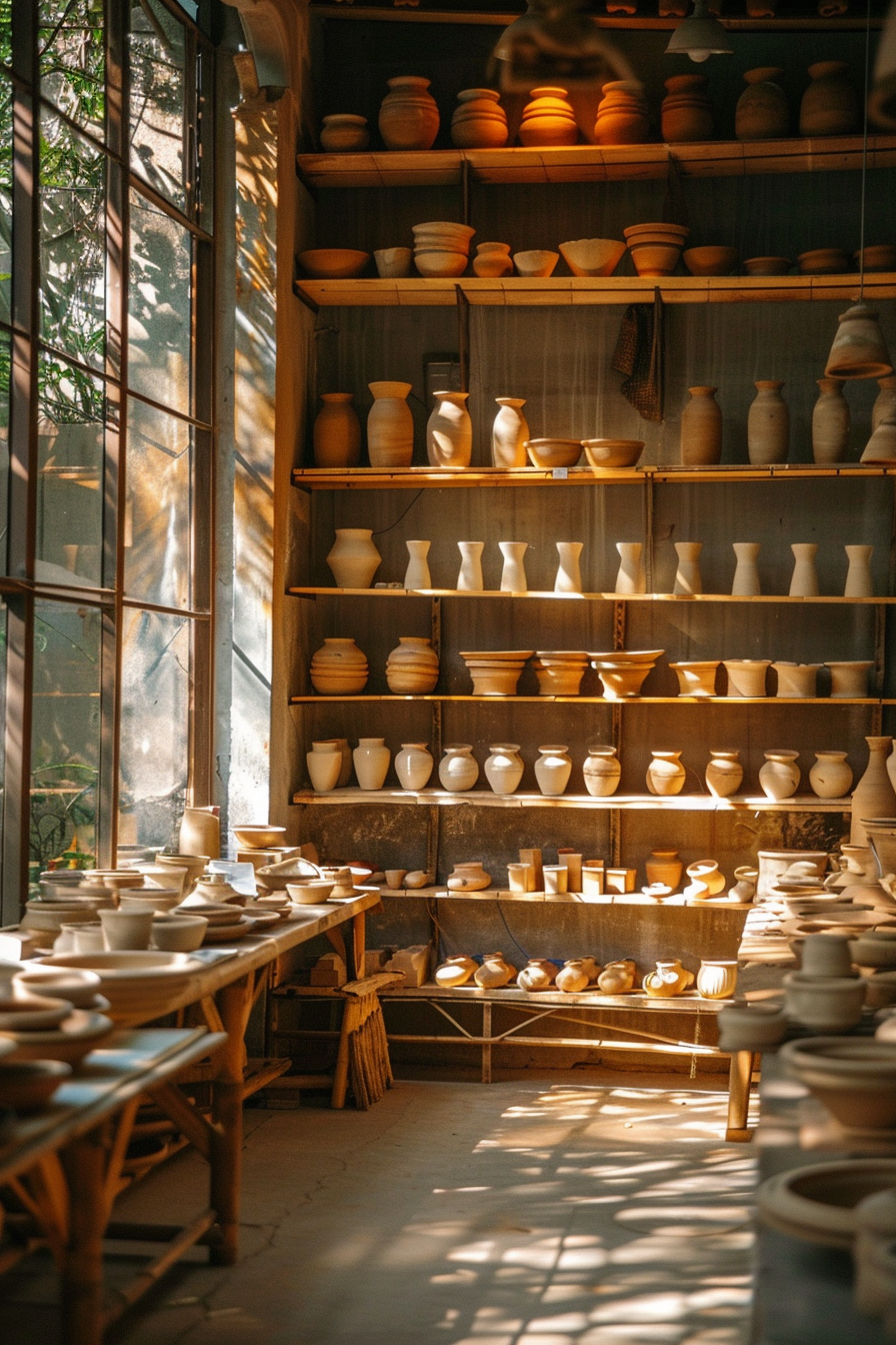 Clay workshop. Bamboo shelves, neon pottery, sunlight through large windows.