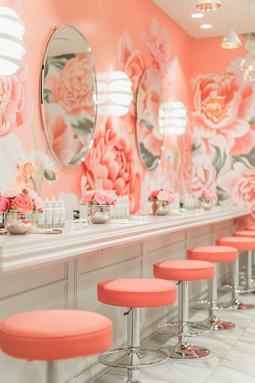 Nail salon. Coral manicure tables, silver mirrors, prevalent pink peonies, trendy accessory wall.