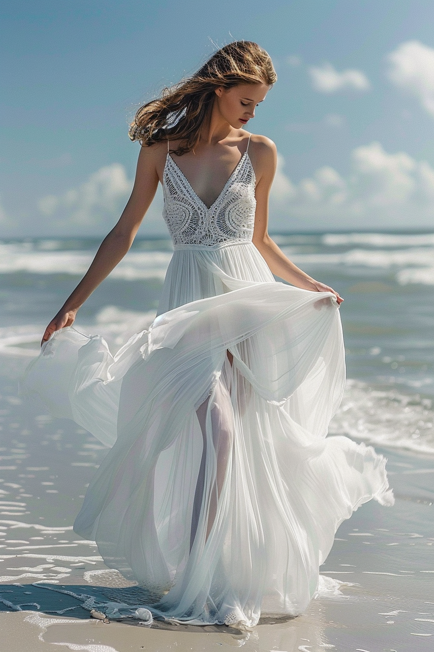 Beach wedding. Flowing white chiffon dress with macrame lace details.