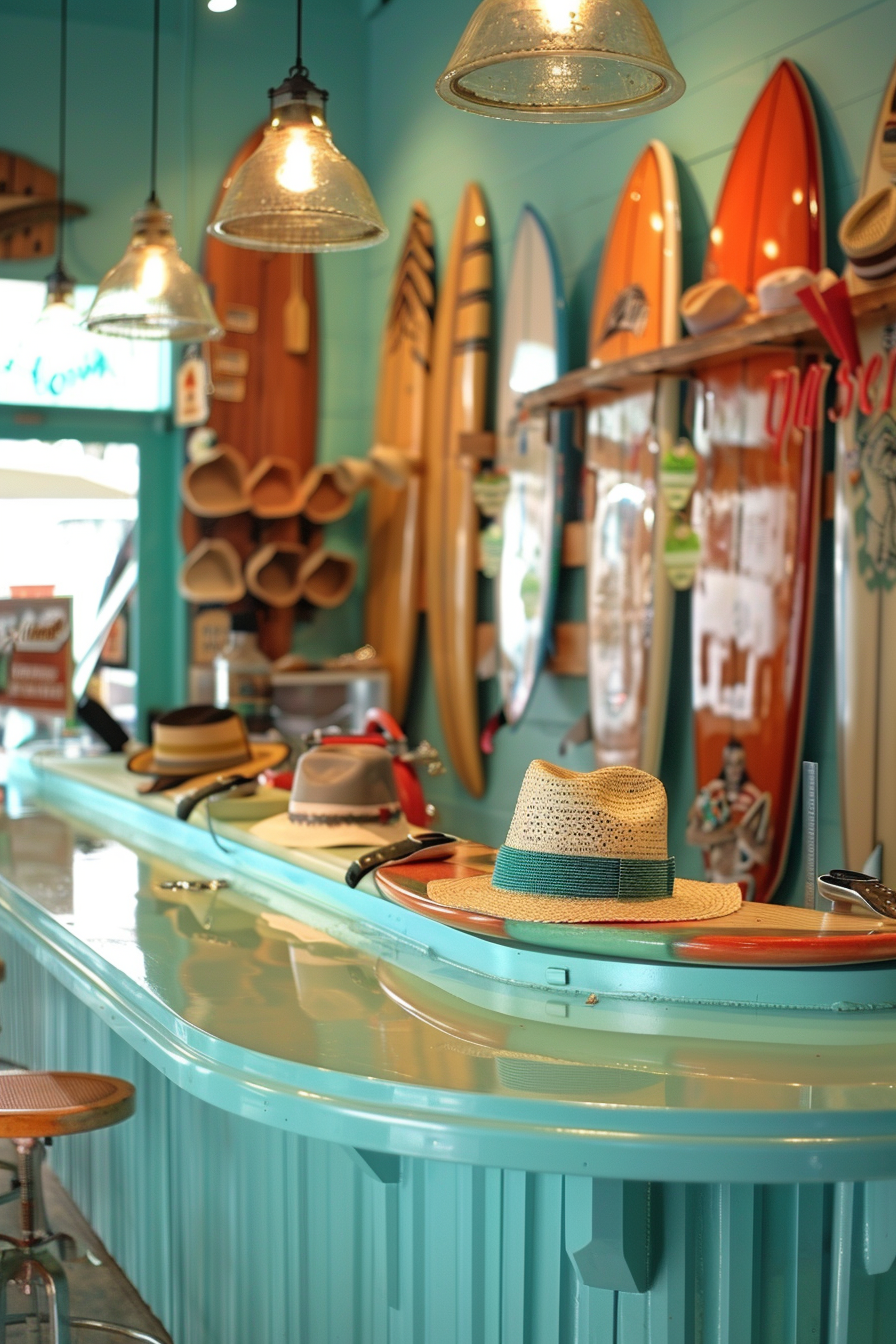 Surf shop design. Bright turquoise counter adorned with miniature replica surfboards and hats.