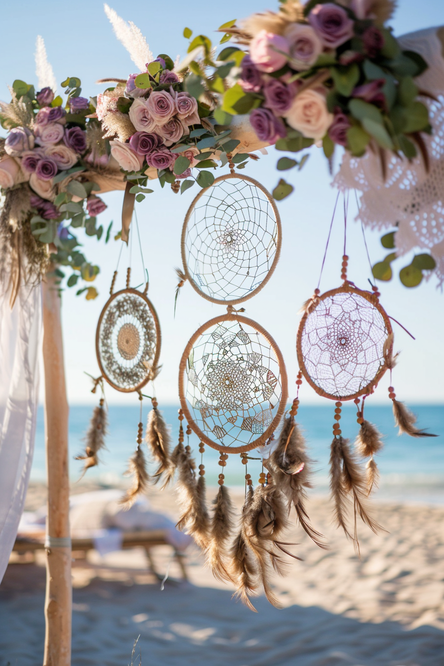 Boho beach wedding. Bespoke dreamcatchers hanging from an arch entwined in faded purple roses.