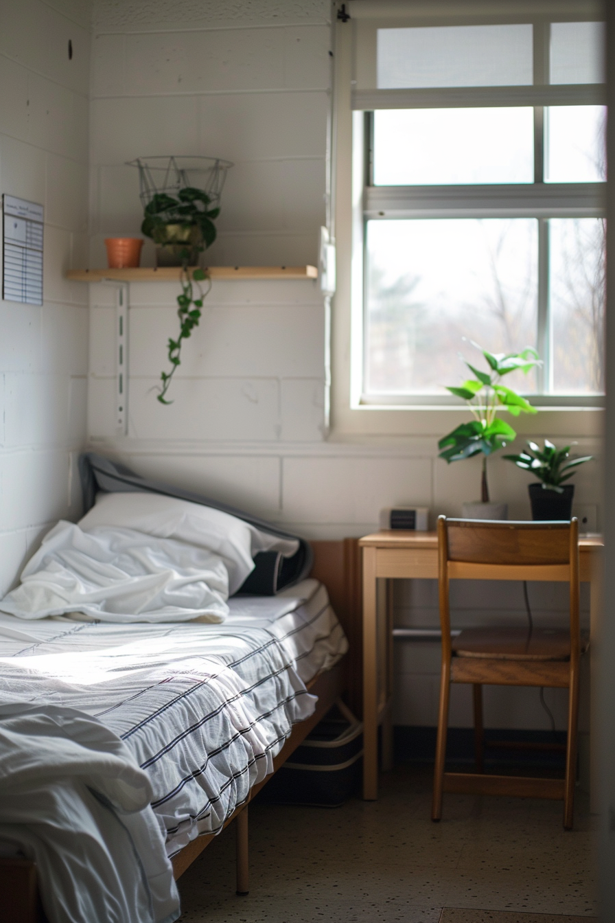 Minimalist dorm room. White bedding with black lined-pattern, and wooden desk.