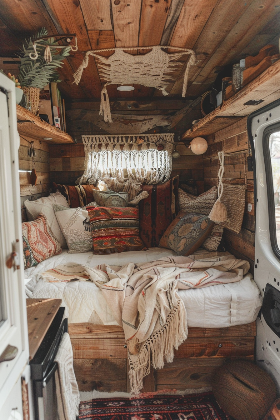 Converted Sprinter van camper. Hanging macrame, rustic throw pillows, reclaimed wooden interior.