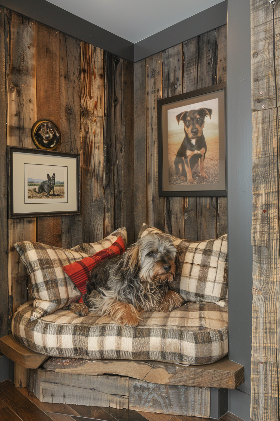 Personal corner design at home for dog. Rustic wood-themed dog bed with graphic dog wall decorations.